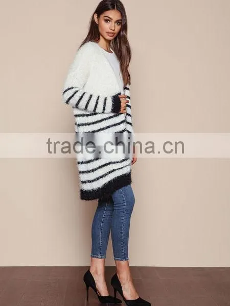 MGOO 2016 New Arrival Fuzzy White Striped Cardigan Women Knit Tops Cashmere Sweaters Women Clothing photo-2