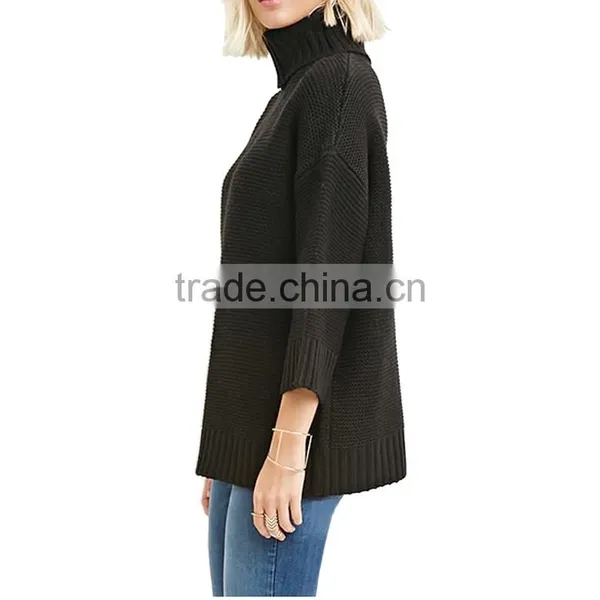 Loose 3/4 Sleeve Acrylic Roll Neck Rib-knit Neckline Fancy Sweaters for Women photo-3
