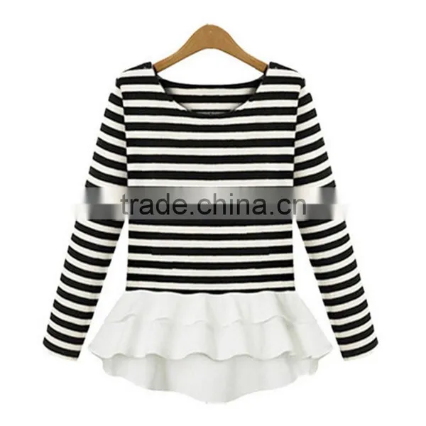 Autumn Latest Design Round Neck Ivory Long Sleeve Chiffon Stitching Knitting Striped Printing t Shirt Design photo-2