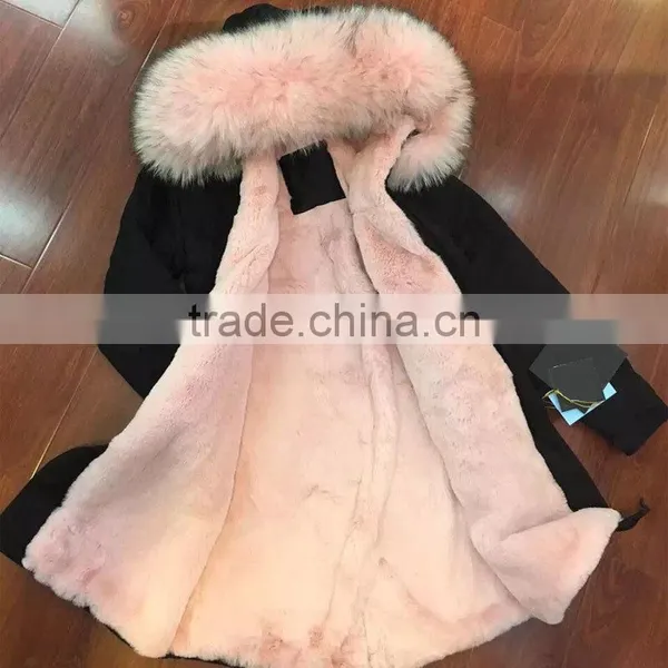 2017 FASHION Women Winter Wear Light Pink Fur Long Black Jacket Raccoon Fur Collar Mrs Furs Parka photo-4