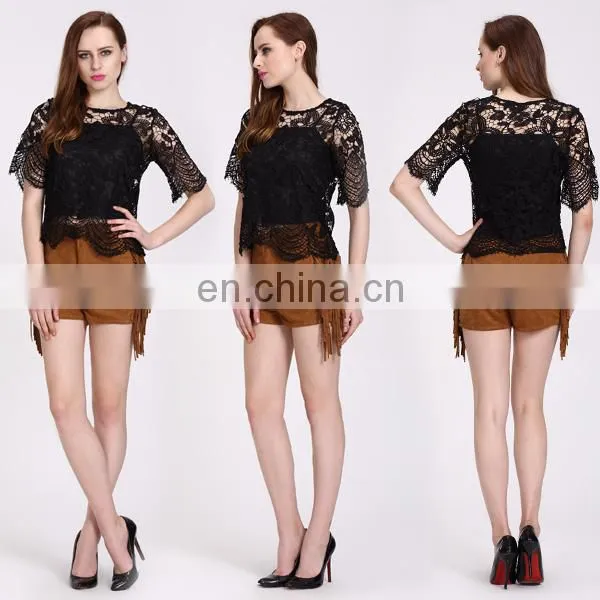 2016 Black Lace Ladies Fashion Tops And Blouses For Women photo-5