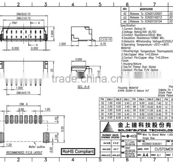 Pitch 1.0 mm Wafer Connector, SMT Right Angle Type, 2 ~ 15, 20 Pin Connector Wire to Board photo-5