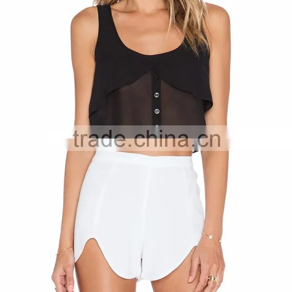 2015 New Design Fashion Girls Sleeveless Scoop Neck Chiffon Crop Tops SYA15348
