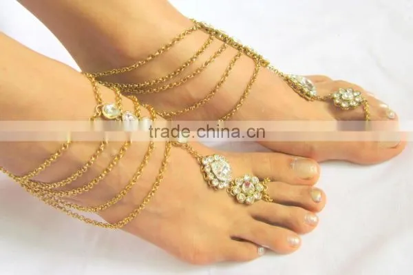 GOLD Tone KUNDAN CHAIN PAYAL Anklets Pair Toe Ring photo-3
