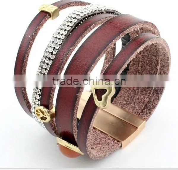 Genuine Leather Cuff Bracelets,girls Leather Heart Bracelet,crystal Gift Bracelets With Magnetic Clasp photo-3