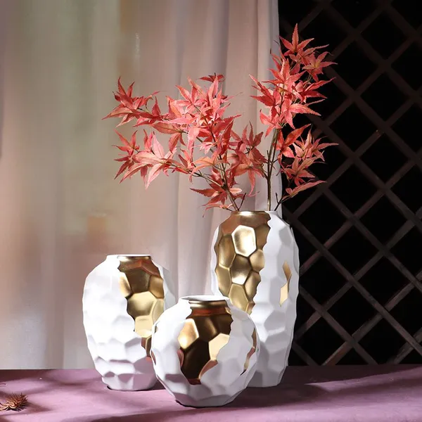 Creative Modern Simple Fashion White Gild Ceramic Flower Vase For Living Room Decor photo-2