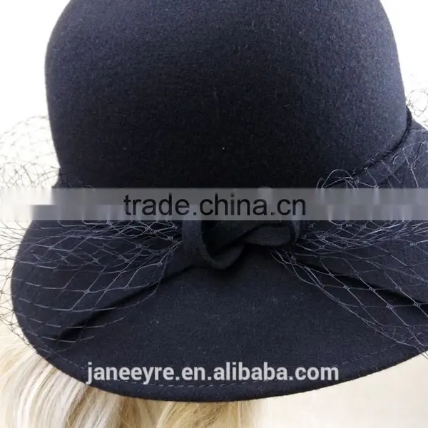 Hot Sale Women's Wide Brim Wool Felt Hats With Veil Fascinator photo-4