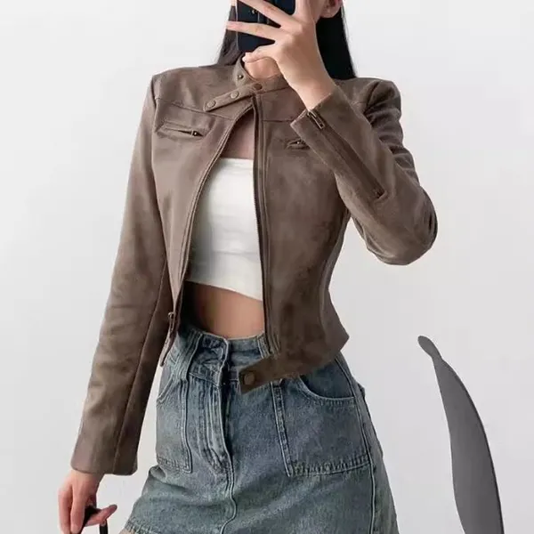 American INS High Street Retro Short Slim Motorcycle Jacket for Women in 2025 Autumn Vintage Color Leather Jacket and Suede Jacket photo-5