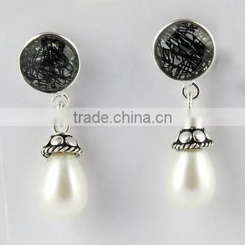 Most Clever Black Rutile & Pearl 925 Sterling Silver Earring, Gemstone Silver Jewelry, Handmade Silver Jewelry photo-2