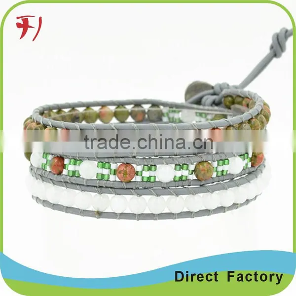 White Opal Bead Wrap Bracelet On Light Grey Leather With Stainless Steel Skull Bracelet