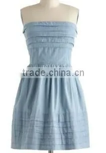 [FFD0050] Ladies Chambray Fabric Ruffled Bust and Hem Skater Dress