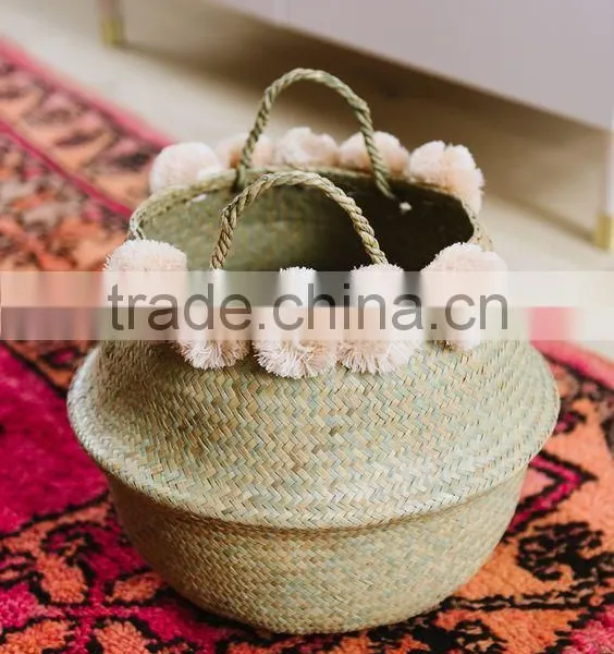 Blush Color Pompom Vietnam Folding Seagrass Basket, Natural Color photo-2