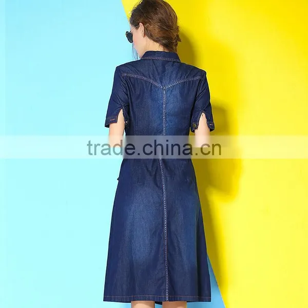 High Brand Ladies' Fashion Printing Splicing A- Line Dress Long Blue Jean Dress photo-3