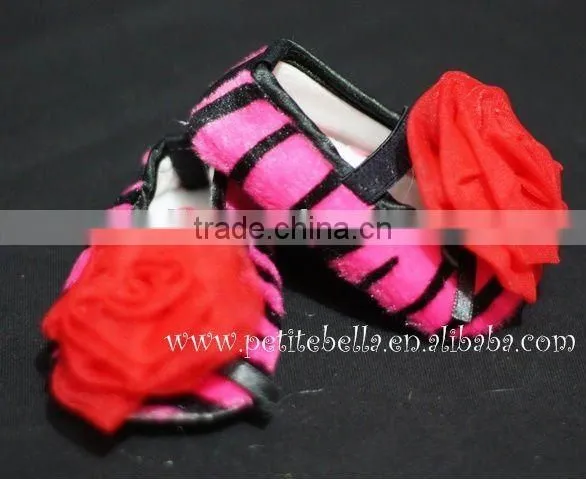 Hot Pink Zebra Print Shoes With Hot Red Rosettes Pettishoes Crib Shoes MAS27