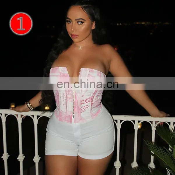 Dollar Print Women Corset Top Tanks Crops Lace Up Bandage Cross Buster V Neck Bodycon Sexy Party Streetwear Club Elegant photo-3