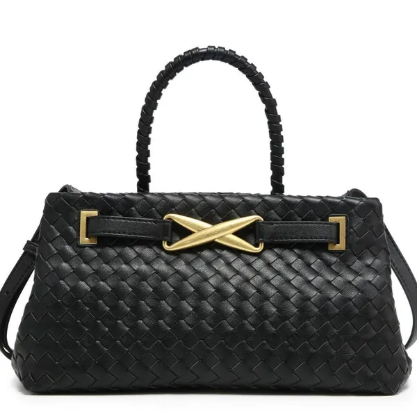 Fashion Minimalist Woven Shoulder Bag Solid Color Gold Belt Buckle Large Capacity PU Magnetic Snap Adjustable Strap for Commute photo-2