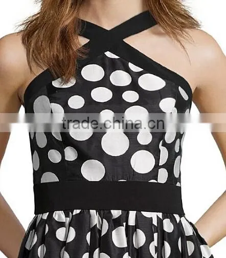 Black And Ivory Polka Dot Patterned Chiffon Midi Semi Formal Dresses photo-2