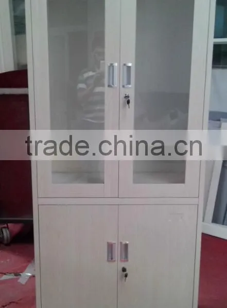 Steel Book Cabinet With Glass Doors and Wood Surface Display Cupboard photo-3