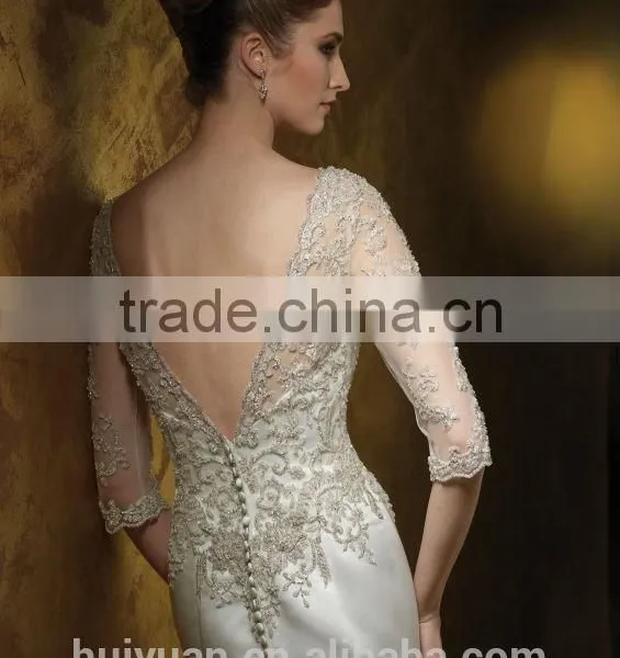 Sexy Satin Lace Baeded Long Sleeve Open Back Wedding Dress photo-3