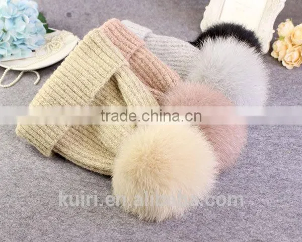 High Quality 15cm Fox Fur Real Sheep Wool Knit Beanie Hat With Fox Fur Ball photo-3