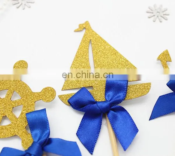 Sea Theme Gold Glitter Topper With Blue Bow Cake Decoration photo-4