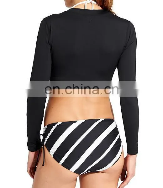Ladies Solid Black Swimming Wear Long Sleeve Cross Front Crop Rash Guard photo-2