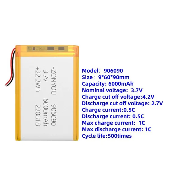 ZonYou 6000mAh Pouch Cell Ultra Slim 906090 LiPo Battery LiNiMnCoO2 Cathode 500 Cycles for 3C Electronics Power Tools Toys Fans photo-2