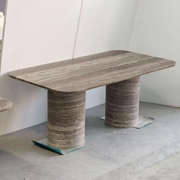 Natural Premium Light-Luxury Silver Grey Travertine Marble Stone Dining Coffee Tea Table for Villas Hotels and Homes photo-3