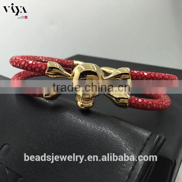 2016 New Coming Stingray/ Python Leather Genuine Leather Bracelet With Skull Clasp Made In China photo-2