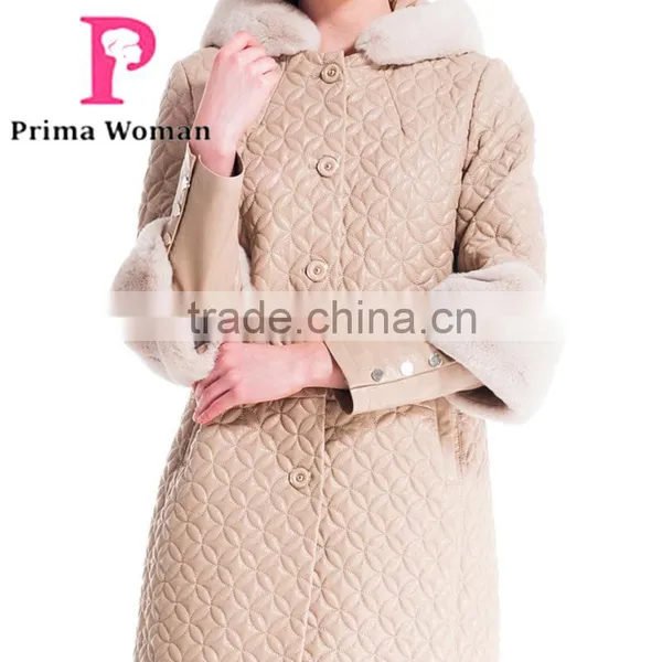 Winter Women Medium Length Embroidered Leather Coat With Detachable Beaver Rabbit Skin Hat Overcoat photo-6