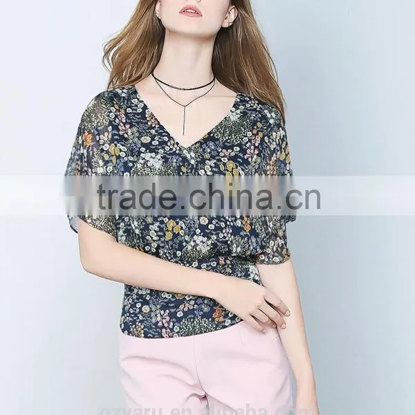 Latest Fashion Design Backless Chiffon V-neck Priting Slim Fit Shirts Ladies Tops photo-2