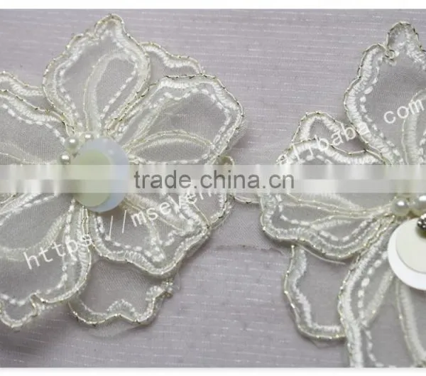 Beautiful Design 8.5cm Width Organza Flowers Beaded Lace in White photo-2