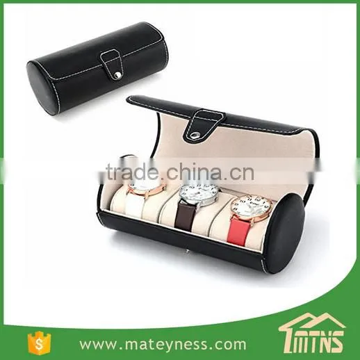 Black 3-slot Leather Cylinder Watch Box