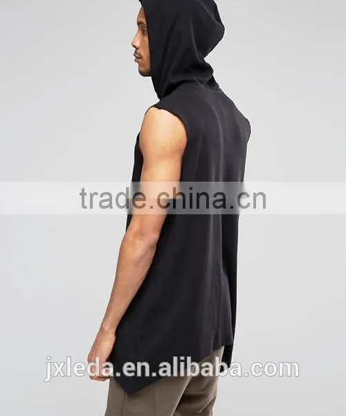 Comfortable Latest Design Fashion Black Oversized Sleeveless Hooded T-shirt Men Custom photo-2