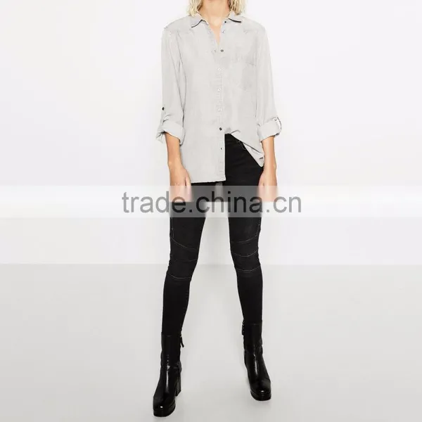 Woman Fashion Apparel Women Plain Boyfriend Jeans Shirt
