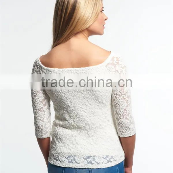 2016 Guangzhou Shandao Hot Selling New Arrivals Summer Casual Fat Women 3/4 Sleeve White Boat Neck Slim Lace Plus Size Top photo-4
