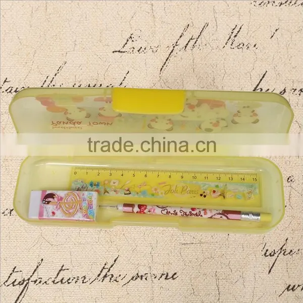 Curtom Logo Print Transparent Colorful Plastic Pencil Case Pen Boxes Set With Pencil Ruler and Eraser photo-2