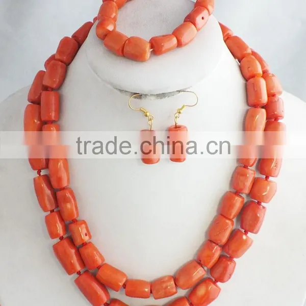 China Factory Direct Sale!!! 2 Rows Red Coral Jewelry Set With Necklace Earrings and Bracelet photo-2