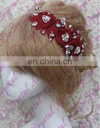 Aidocrystal Red Wedding Hair Piece Bridal Headpiece Handmade Rhinestone Lace Indian Flower Accessories photo-4