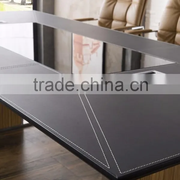 Luxury Office Furniture Decoration Black Tempered Glass Top Leather Cover Conference Room Table With Power Outlet photo-5