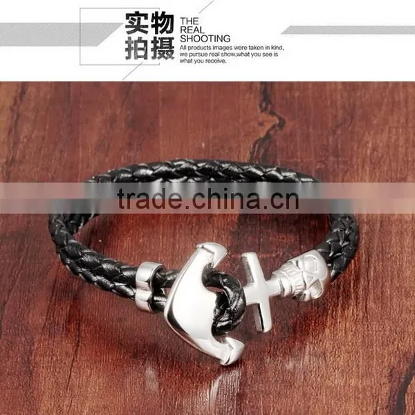 Cheap Stainless Steel Skull Boat Anchor Double Braided Leather Bracelet Punk Rock Style photo-2