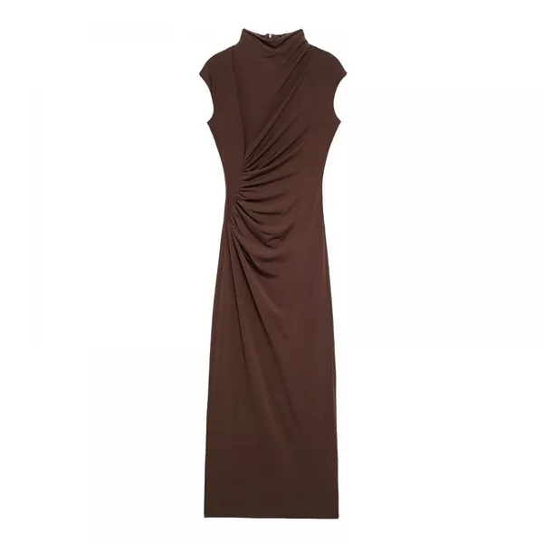 New Style European-style Wrap-neck Pleated Figure-hugging A-line Sleeveless Dress With no Sleeves