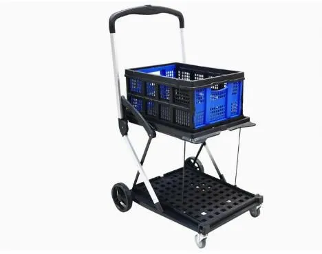Multi-Purpose Four Wheels Double Layers Storage Sturdy Plastic Trolley With Folding Boxes Shopping Cart photo-2