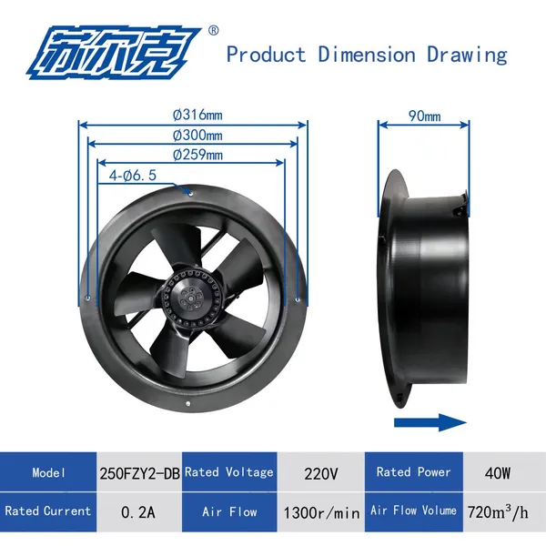 250FZY2/3/4/6/7/8-DB Fan Cooling , External Rotor Axial Flow , Power Frequency 380/220V photo-4