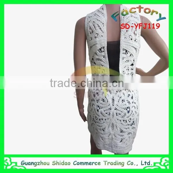 Slim Elegant Sleeveless White Cotton Crochet Openwork Lace Knee Length Embroidery Blouses photo-4