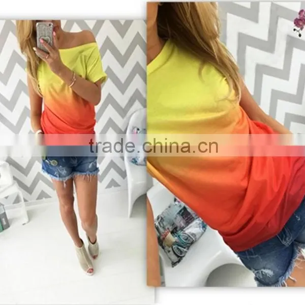 Color Graduated Fashion Ladies Short Sleeves T-shirt photo-2