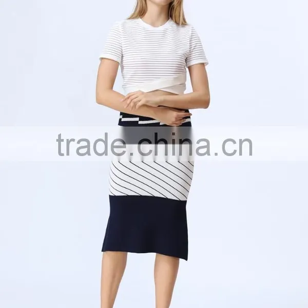 2016 New Arrival White & Black Stripe Knitted Crop and Fishtail High Waist Knitted Skirt Co-ord Set photo-5