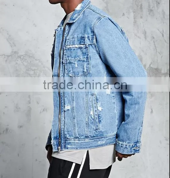 New Style Custom Cheap Brand Bulk Wholesale Distressed Denim Jacket Coats for Mens photo-3