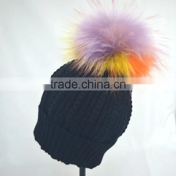 Myfur Rainbow Color Real Fur Pompom Woolen Knit Beanie Hat Wholesale photo-4