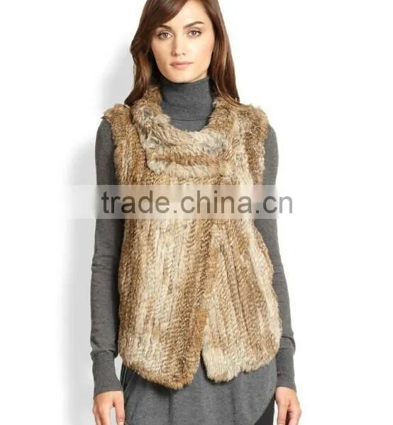 YR321 New RU Design Turn-down Collar Real Natural Knitted Rabbit Fur Vest photo-5
